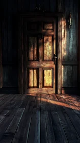 Sunlit wooden door casts haunting shadows across floor