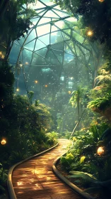 Luminous forest pathway curves under futuristic glass dome