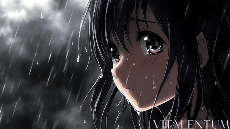Profile view shows anime girl in heavy rainfall with wet face