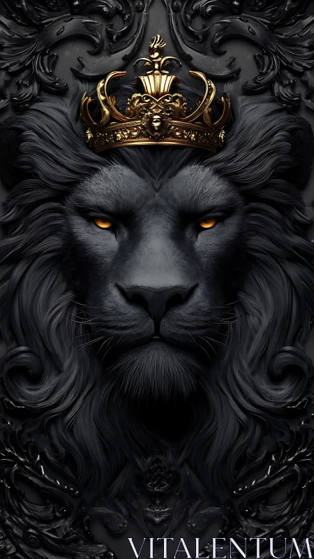 Midnight lion king crowned in molten gold and shadowed steel.