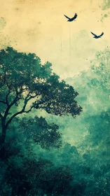 Silhouetted forest canopy with soaring birds in misty light.