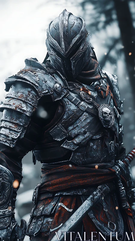 Armored dark knight stands in snow with battle-scarred steel