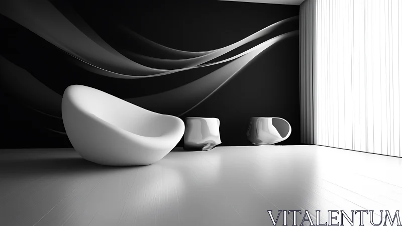 Sculptural white lounge chairs define a monochrome minimalist interior