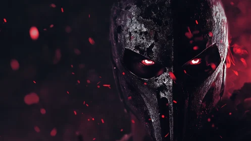 Dark armored warrior portrait with glowing red eyes.