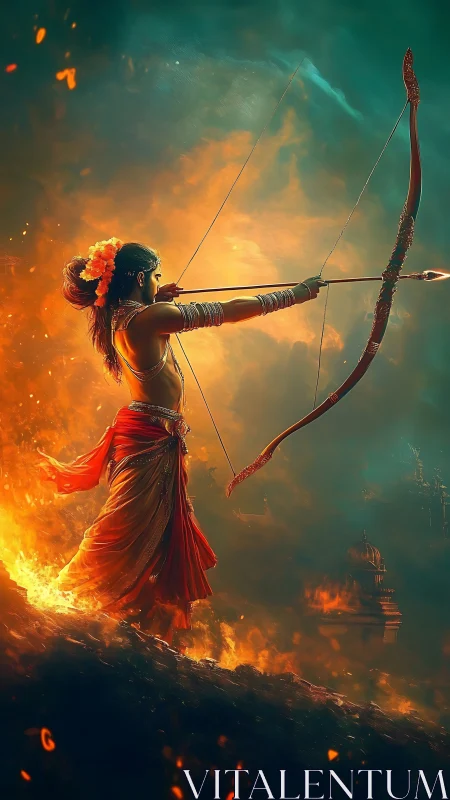 Fiery archer deity poised over burning twilight battlefield.