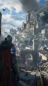 Armored knight observing crowded siege of vast citadel.