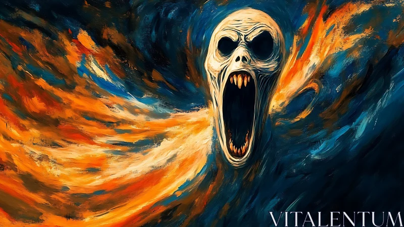 Spectral skull entity emerging from swirling fire vortex