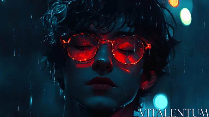 Person wearing neon red glasses stands in rain at night