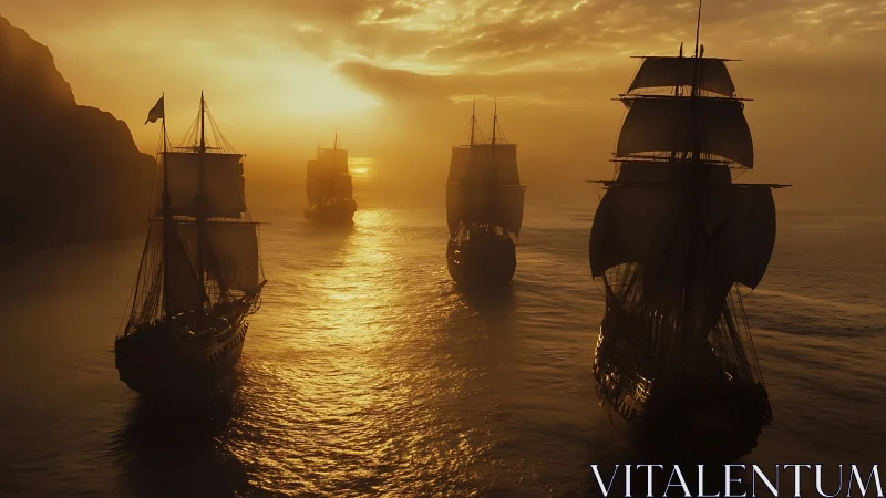 Golden sunset welcomes tall ships sailing into soft misty light