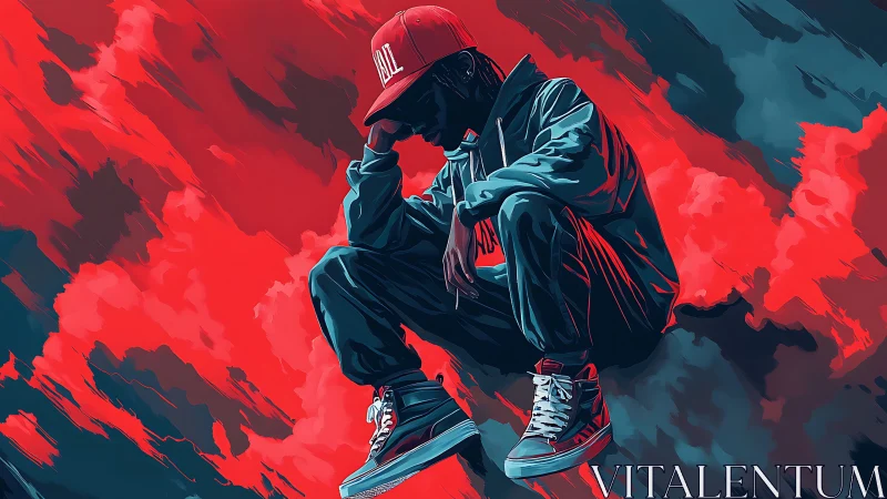 Urban loner crouches in neon storm, teal and crimson clash.