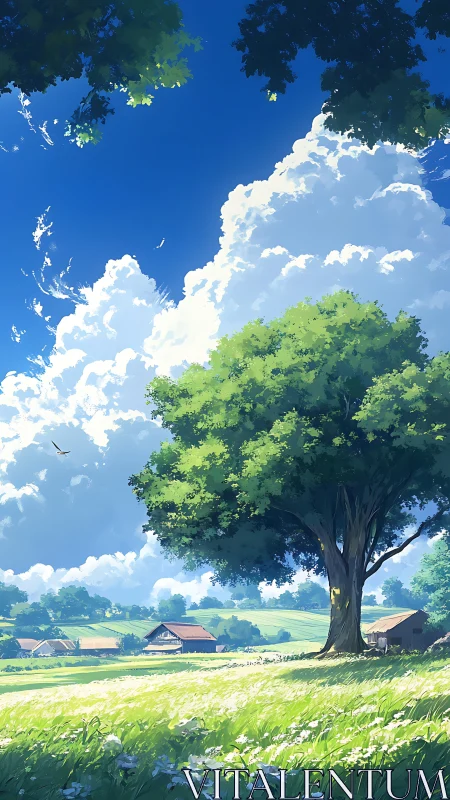 Sunlit countryside tree anchors bright summer meadow scene