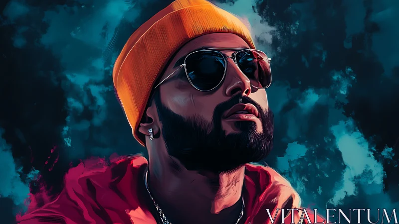 Stylized portrait of man in beanie and sunglasses, teal sky.