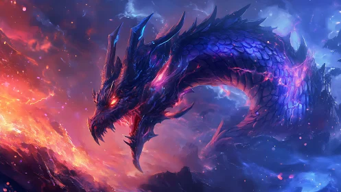 Cosmic fire dragon coils in glowing storm sky.