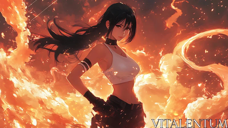 Anime fire elemental woman surrounded by luminous inferno.