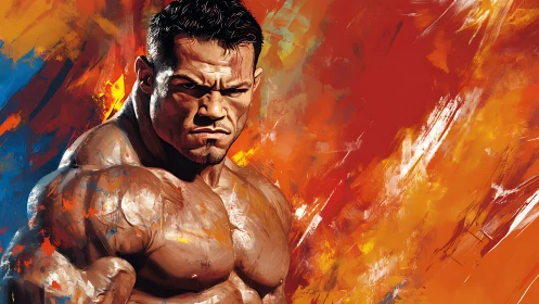 Muscular fighter glares amid explosive abstract flames.