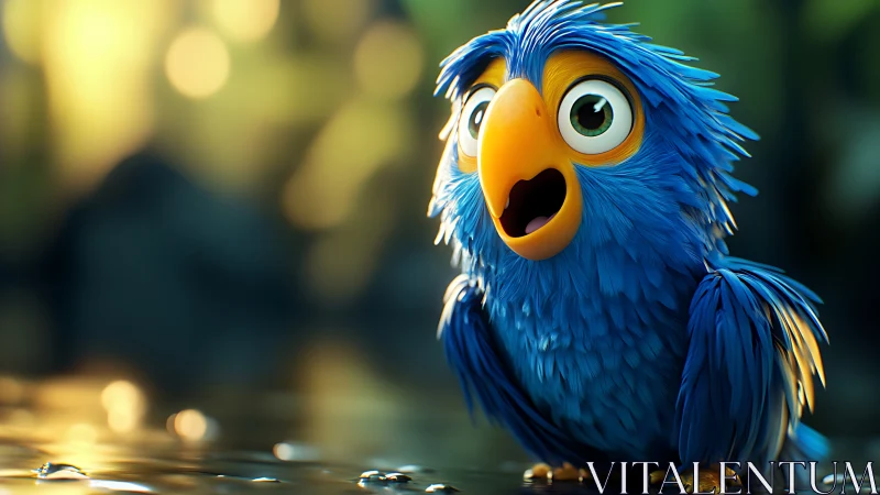 Vibrant blue cartoon bird in a lush, animated forest scene.
