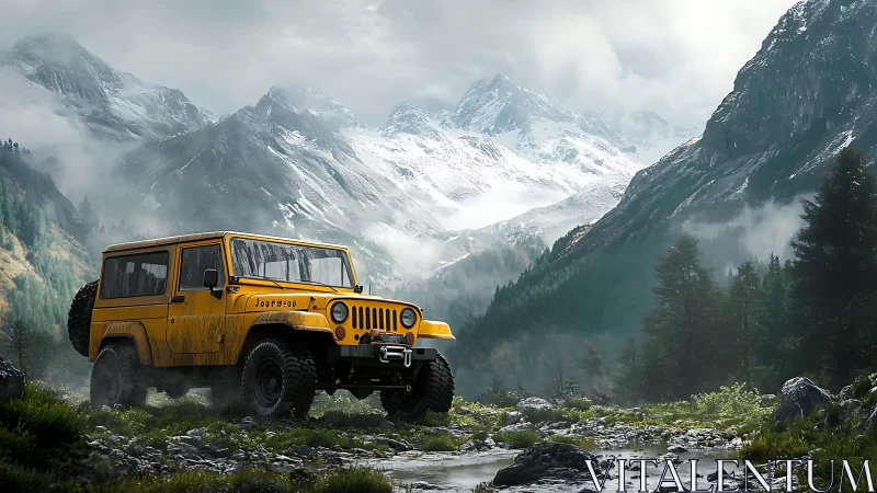 Sunny yellow off road jeep resting in misty alpine valley.