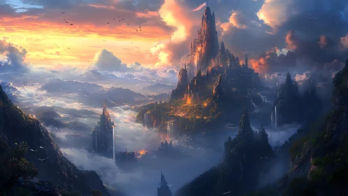 Towering fantasy citadel glows above misty mountain realm.