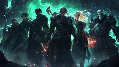 Group of armored fantasy figures in green-lit environment.