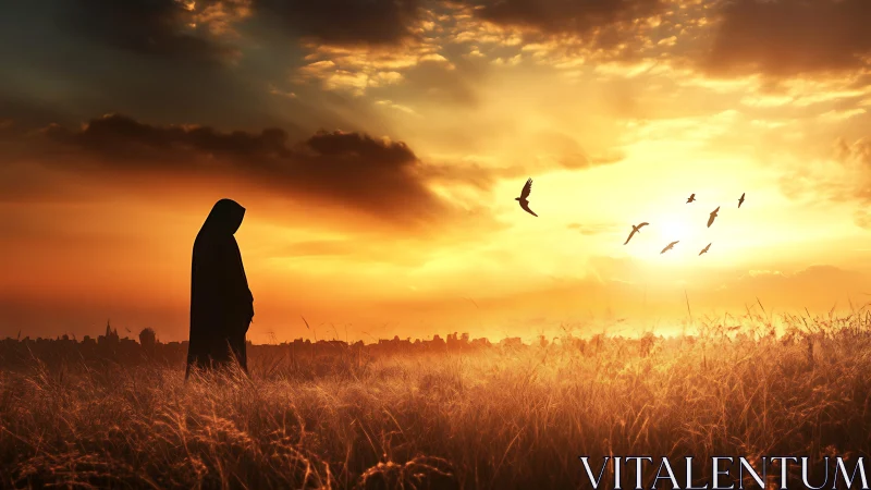 Hooded silhouette in backlit grassland under stratified sunset.