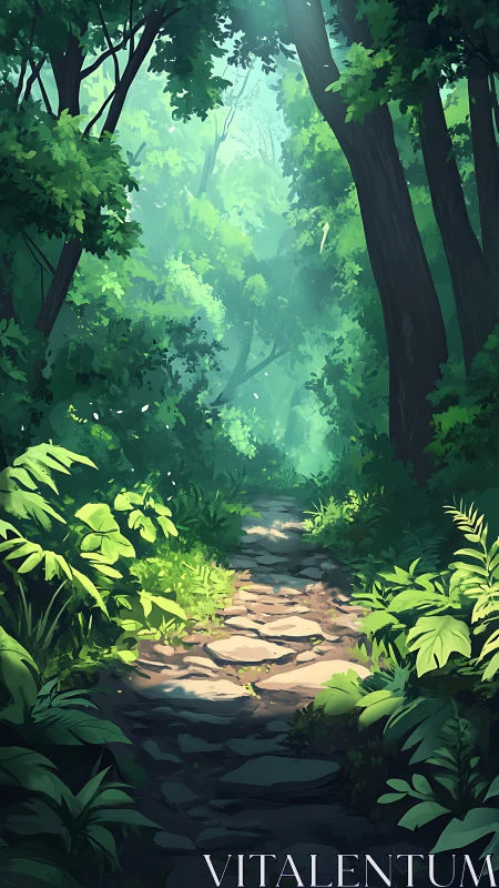 Luminous Forest Pathway Through Dense Verdant Canopy.