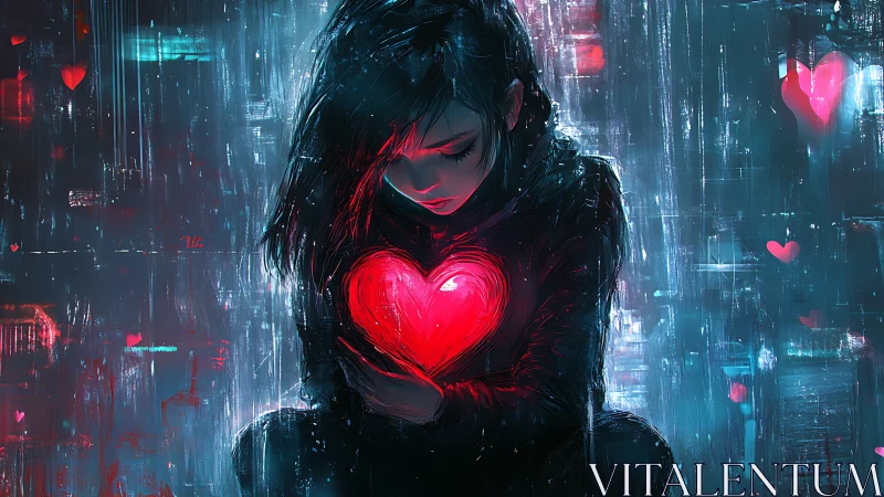 Solitary figure cradles glowing heart amid neon rain