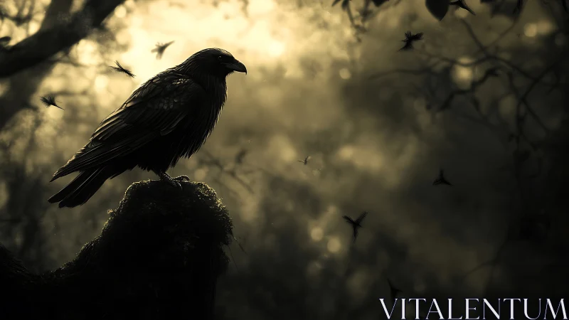 Midnight oracle raven perched in a storm of drifting wings.