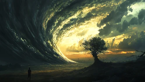 Lone figure facing storm-swept sky and illuminated horizon.