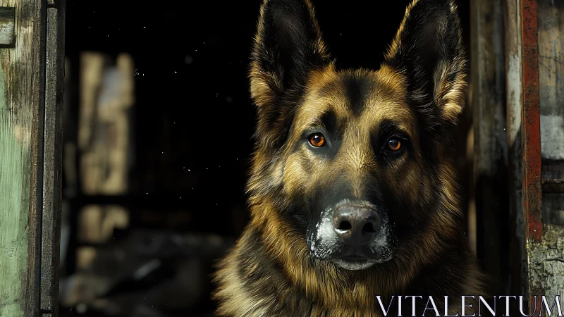 German shepherd dog is positioned in a doorway in close view