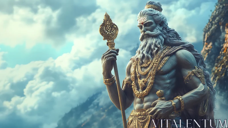 Majestic warrior sage statue against dramatic cloudy sky.