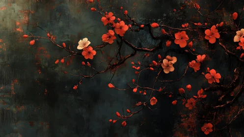 Dark textured backdrop with vivid red cherry blossoms