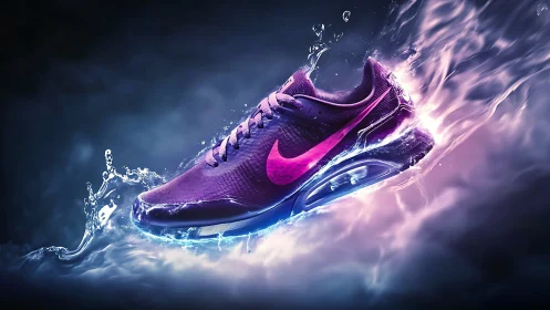 Purple athletic shoe with neon swoosh in liquid motion.