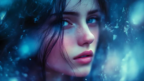 Ethereal blue portrait captures a wistful winter gaze.