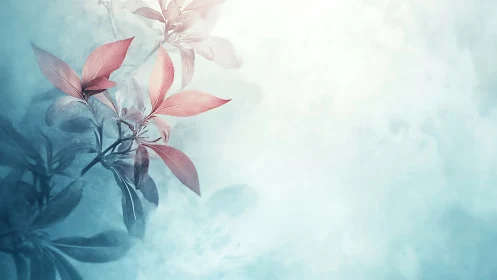 Soft pink leaves drift through misty cyan atmosphere.