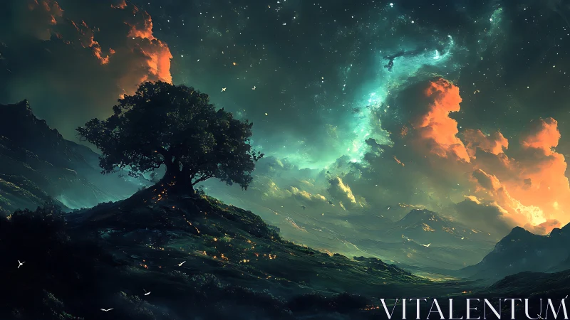 Starlit hilltop tree under glowing cosmic storm skies.