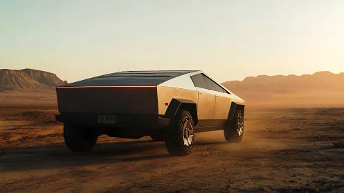 Futuristic electric pickup truck crossing dusty desert plain.
