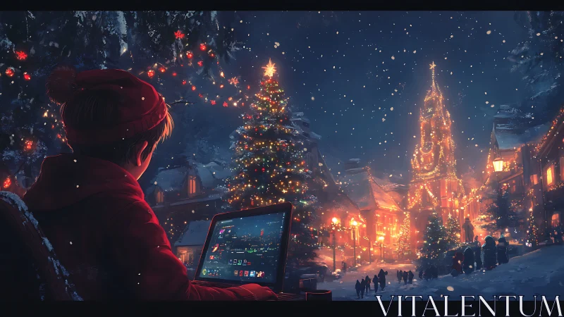 Nocturnal festive village viewed from illuminated laptop screen.