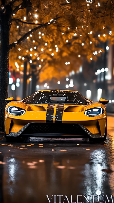 Low-angle frontal view of yellow supercar under wet, reflective city lights