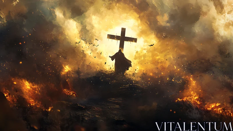 Cloaked figure before burning cross in apocalyptic inferno