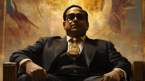 Powerful businessman dominates throne-like leather chair.