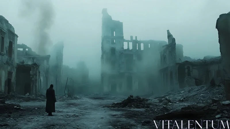 Solitary figure walks through misty ruins after devastation