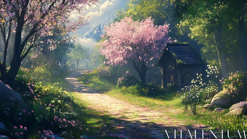 Sunlit spring path with blossom trees and small cottage.