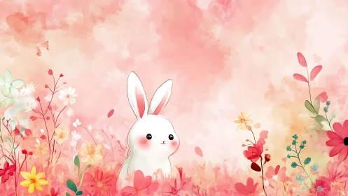 White cartoon rabbit amid stylized pink floral field background.