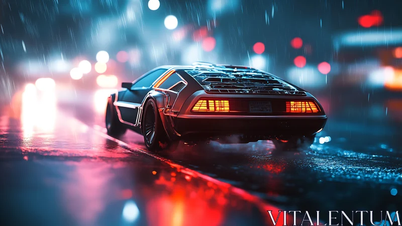 Retro-futuristic sports car under neon rain on wet boulevard.