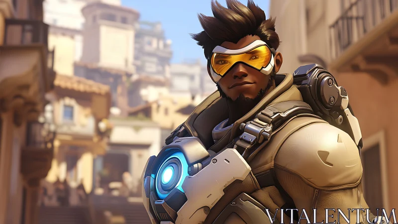 Digital painting of armored sci fi hero in sunlit alleyway.