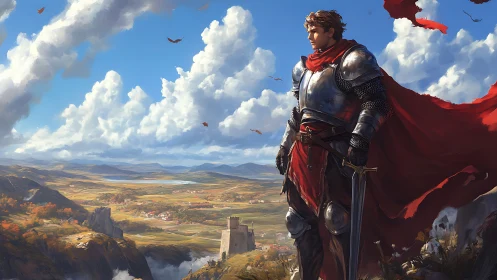Knight in polished armor surveys bright rural valley