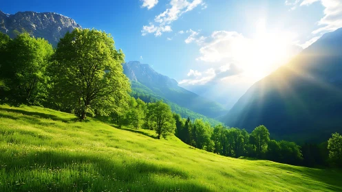 Sunlit mountain meadow where quiet hillsides breathe easy.