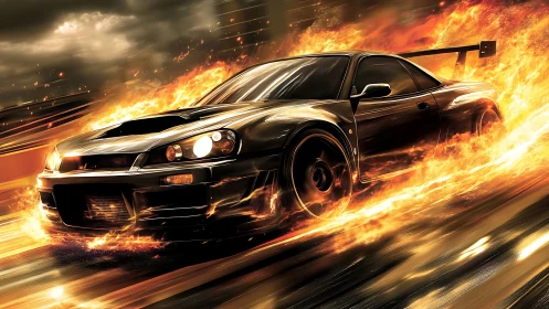 Black sports car cuts flaming track with explosive speed