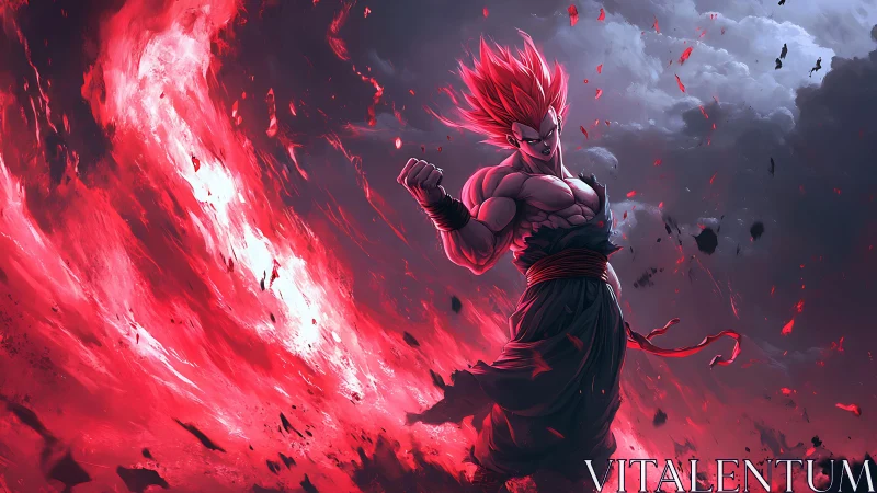 Fiery anime warrior channels red energy in stormy vortex