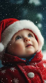 Christmas wonder glows in child’s eyes under falling snow.